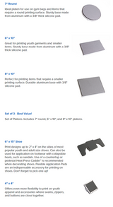Platen sizes with dimensions and descriptions on a white background