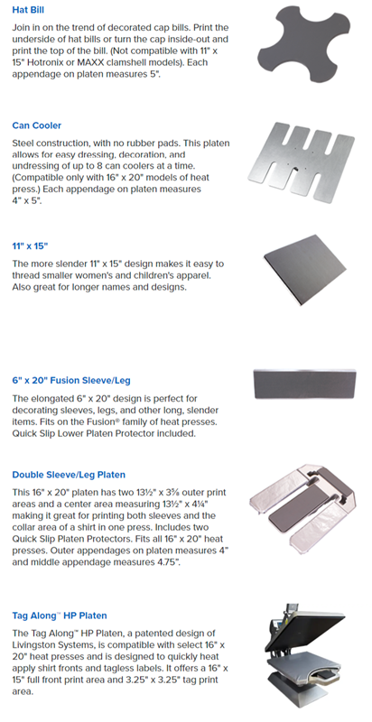 Product description of various heat press platen options with images and text.