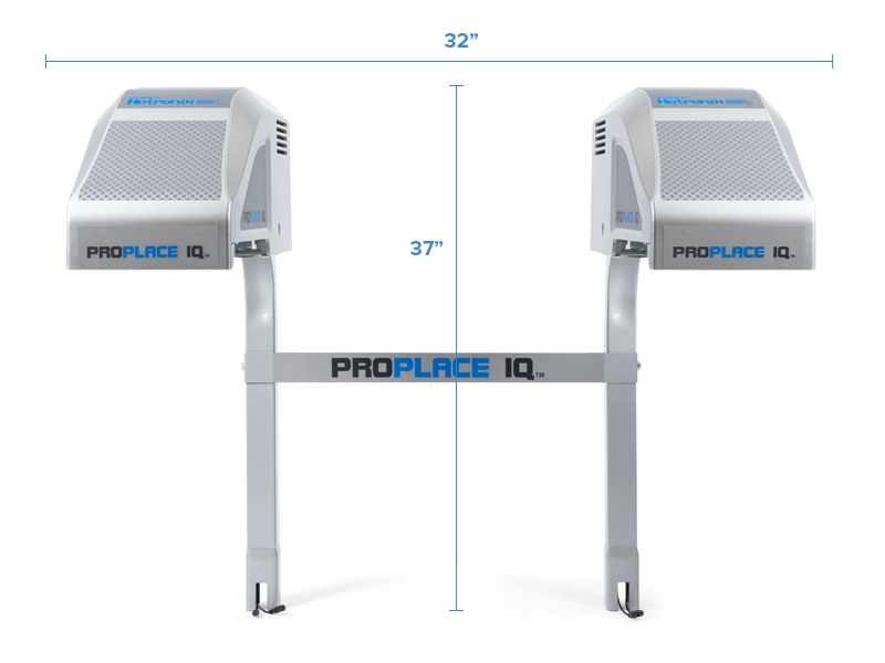 ProPlace IQ stands with dimensions labeled on a white background