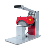 Manual press machine with red and silver design on a white background