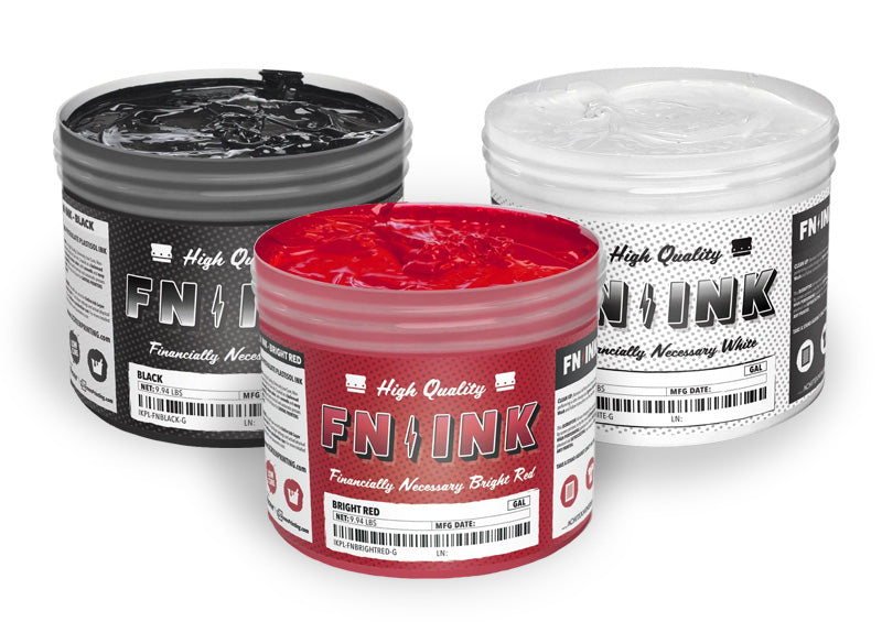FN INK plastisol ink containers, 1 black ink, 1 white ink, and 1 red ink
