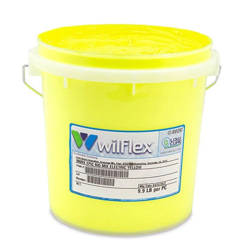 1 gallon wilflex electric yellow ink bucket on a white background
