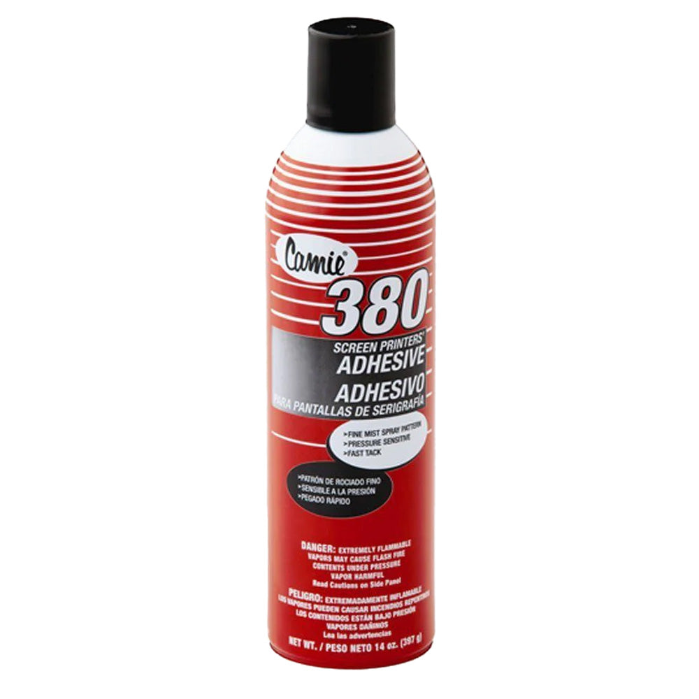 Red and white can of Camié 380 screen printers adhesive on a white background