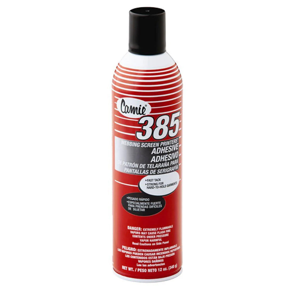 Red and white can of Camie 385 adhesive on a white background