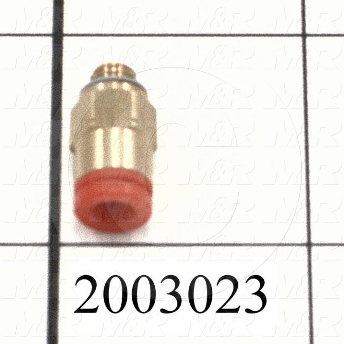 Brass fitting with red base on a grid background, part number 2003023.