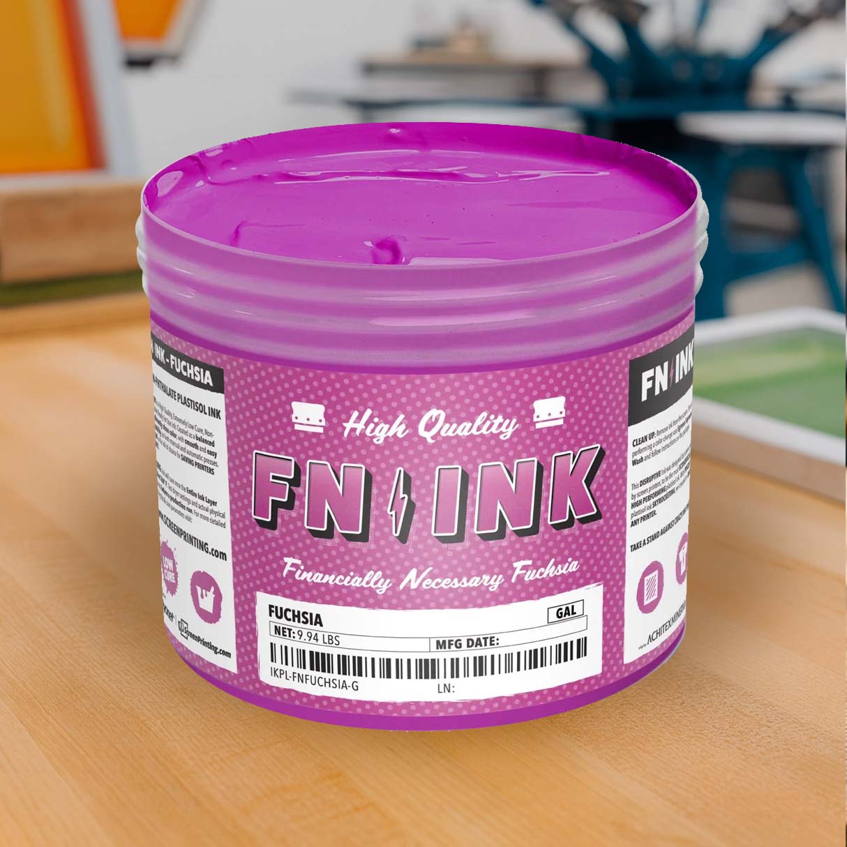 FN INK Fuchsia low cure non-phthalate plastisol screen printing ink in gallon container