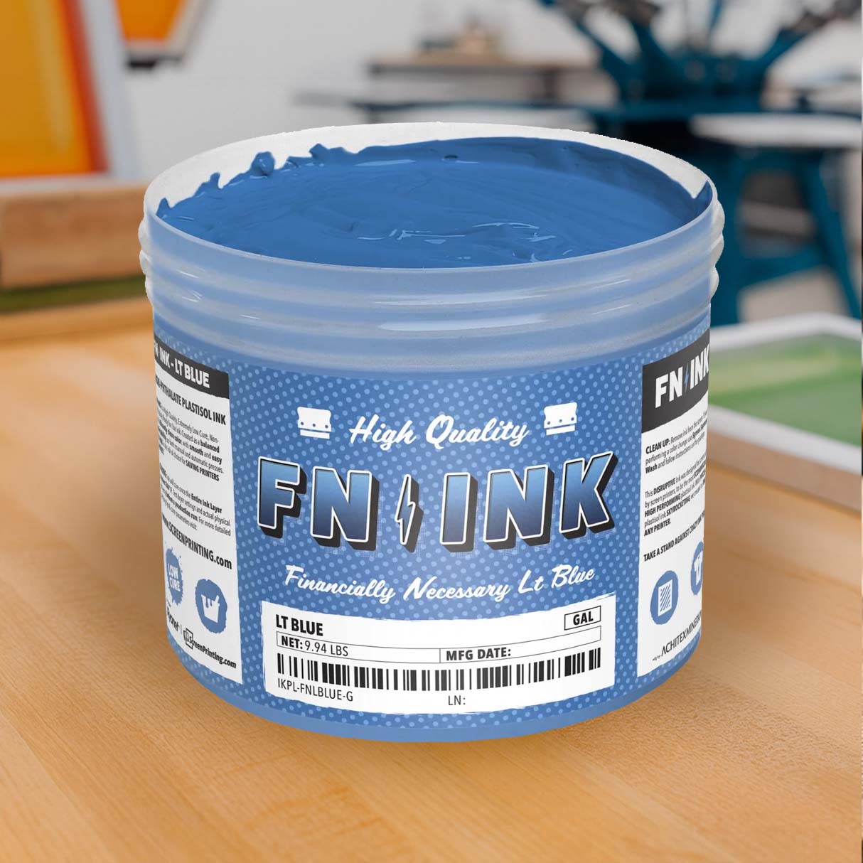 FN INK Light Blue low cure non-phthalate plastisol screen printing ink