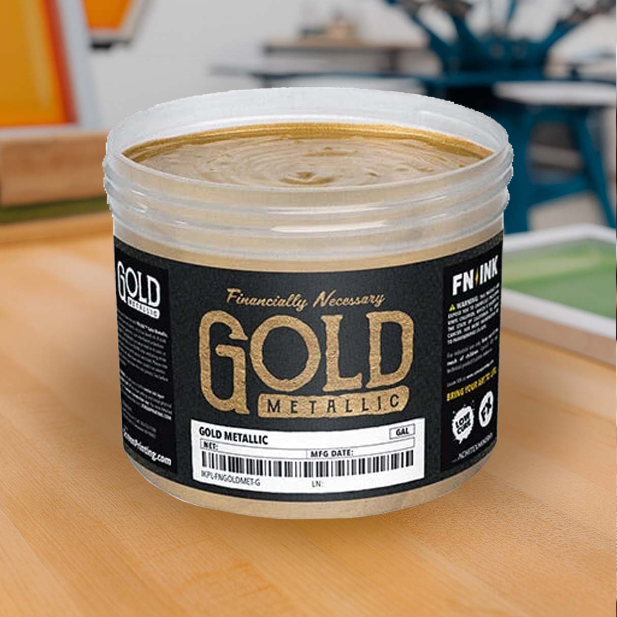 FN INK Metallic Gold low cure metallic plastisol screen printing ink in gallon container