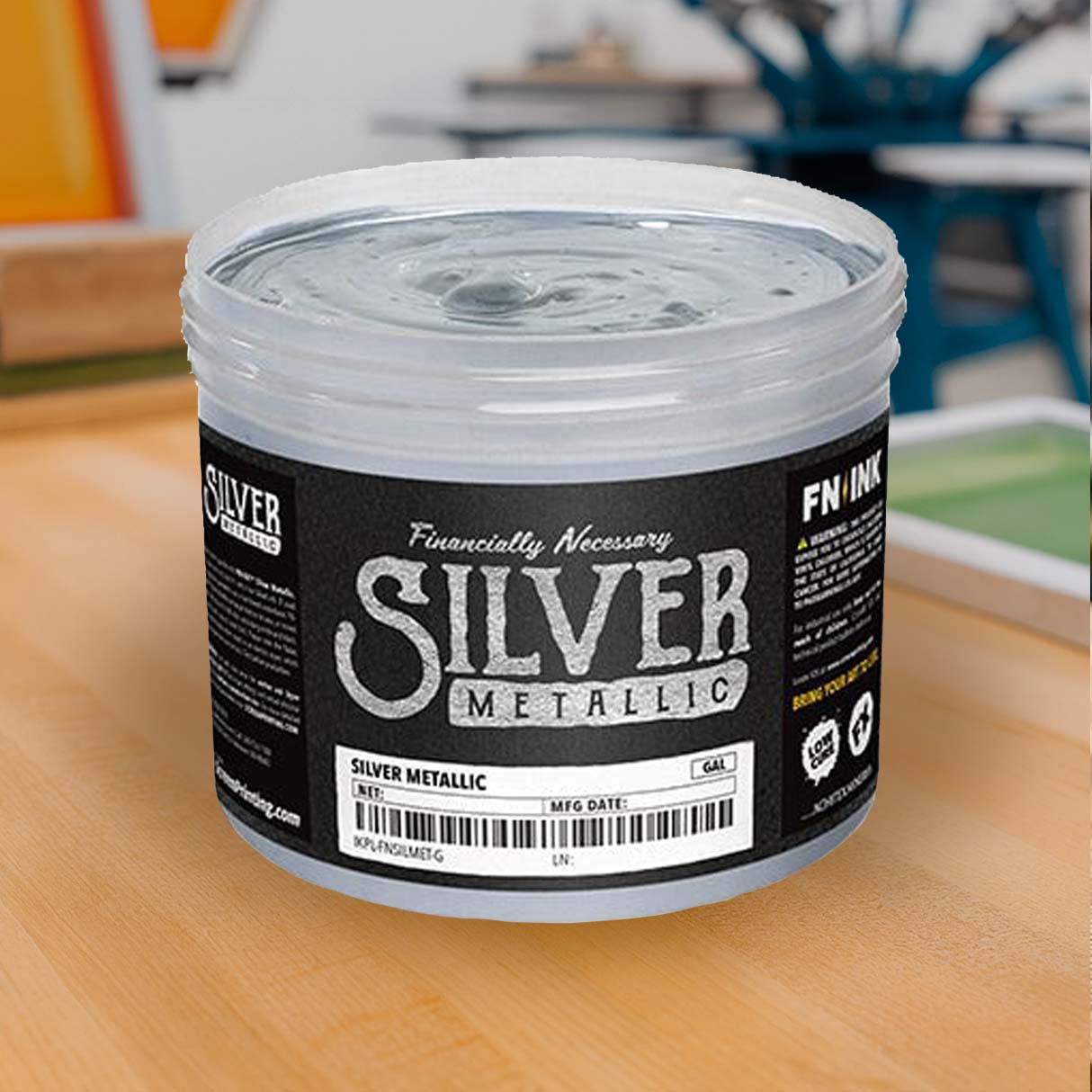 FN INK Metallic Silver low cure metallic plastisol screen printing ink in gallon container