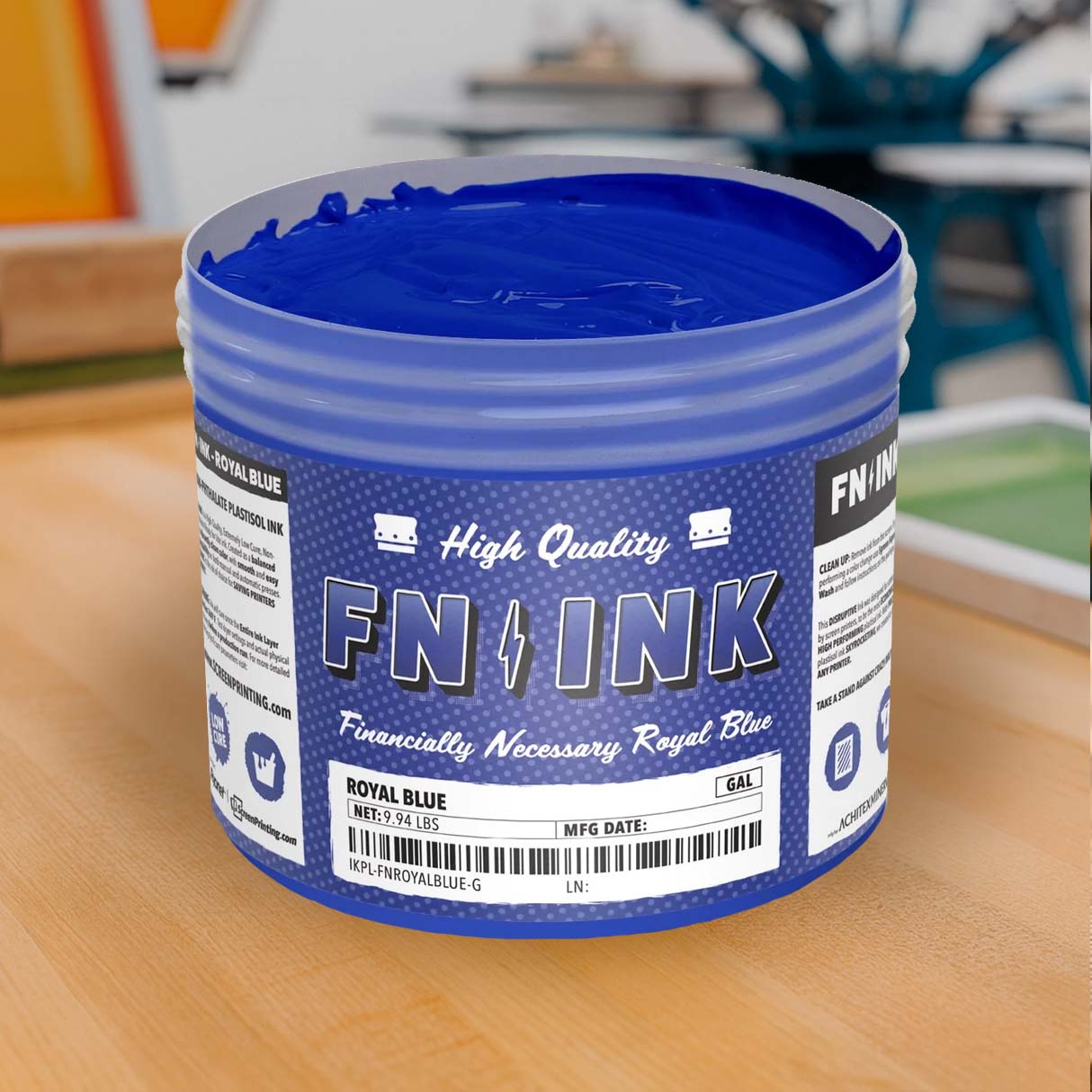 FN INK Royal Blue low cure non-phthalate plastisol screen printing ink
