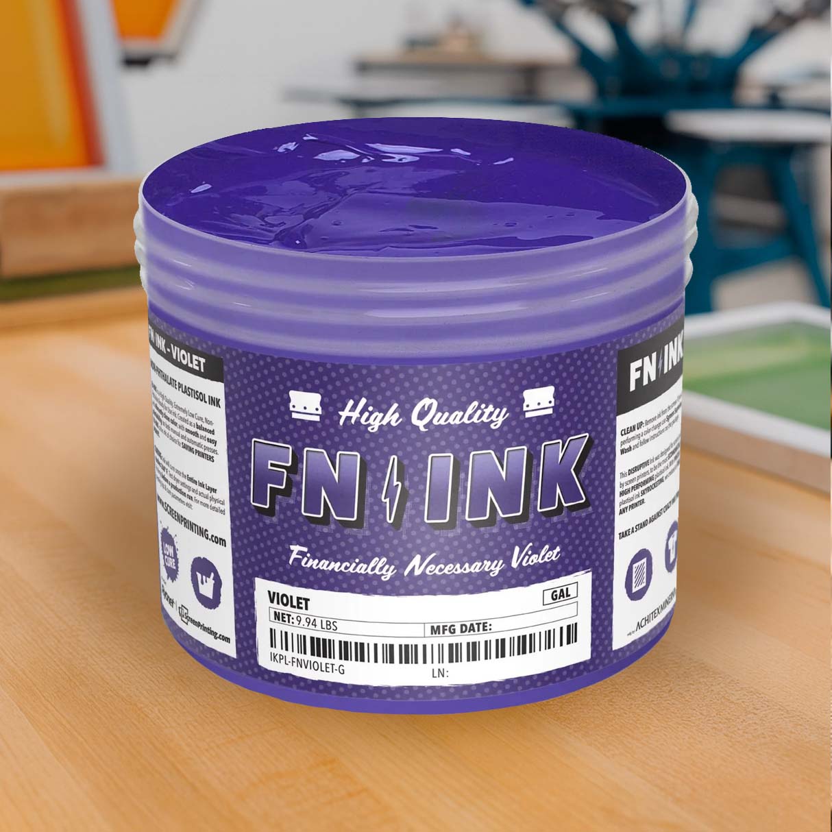 FN INK Violet low cure non-phthalate plastisol screen printing ink in gallon container