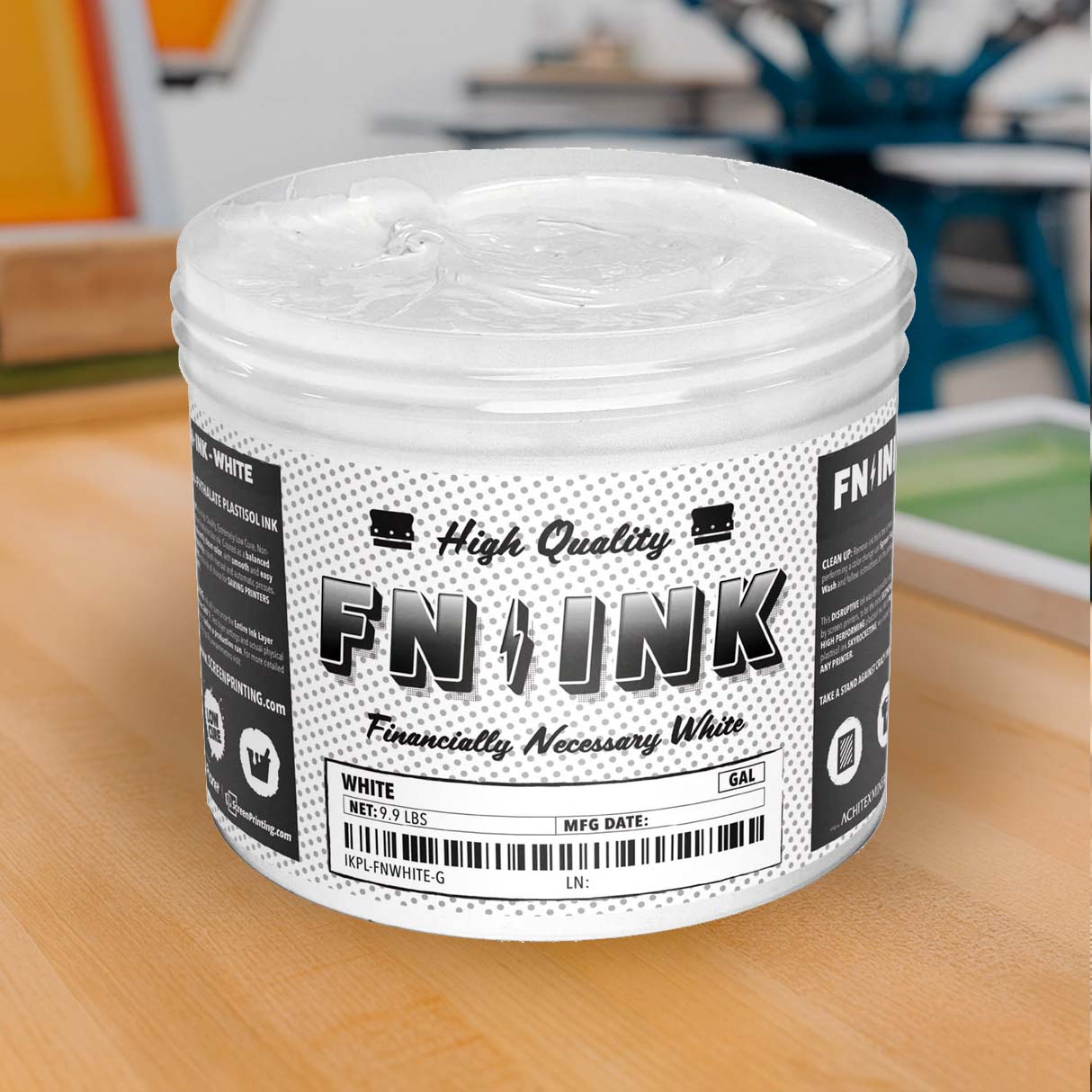 FN INK White low cure non-phthalate plastisol screen printing ink in gallon container