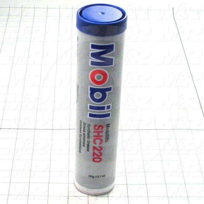 Mobil SHC 220 grease tube on a grid background