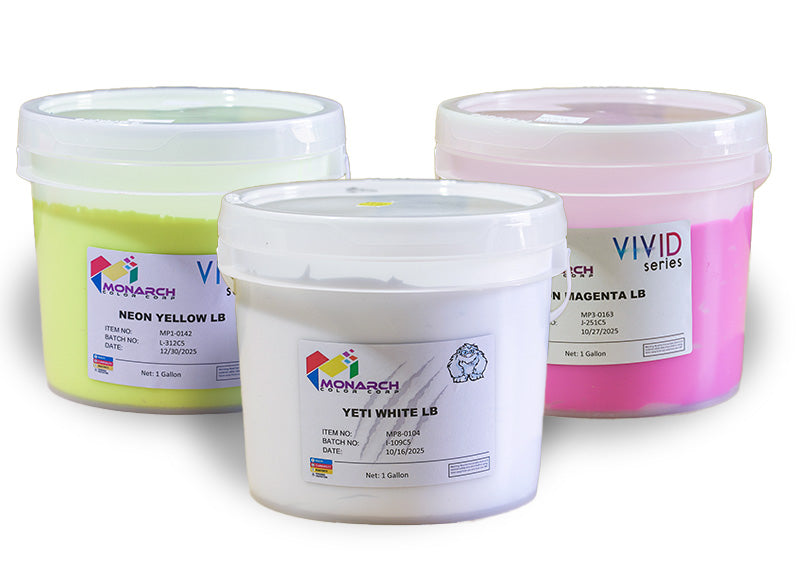 3 containers of monarch plastisol inks, 1 yeti white, 1 neon yellow, and 1 neon magenta